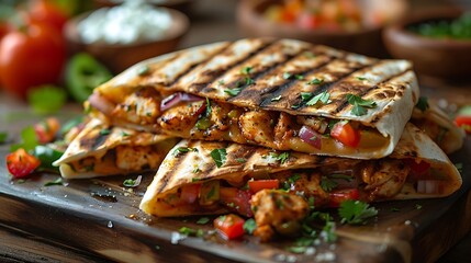 Delicious grilled chicken quesadilla with fresh herbs and vegetables
