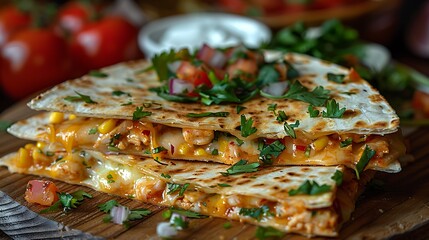 Delicious chicken quesadillas with melted cheese and fresh herbs on wooden board