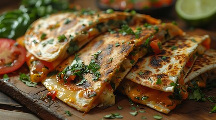 Delicious grilled quesadillas with melted cheese and fresh herbs on wooden board