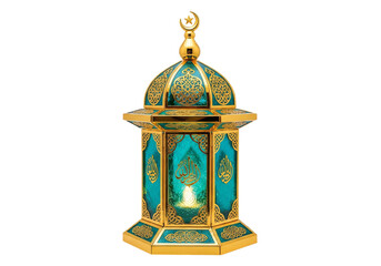 turquoise and gold islamic lantern with arabesque patterns