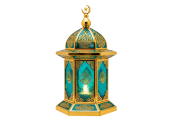 turquoise and gold islamic lantern with arabesque patterns