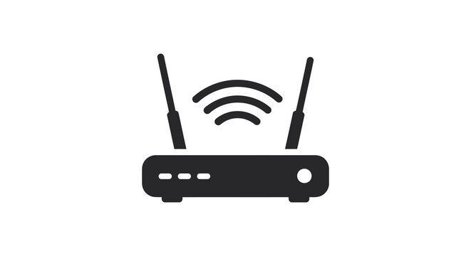 A simple black wireless router icon with signal waves representing connectivity technology and a silhouette