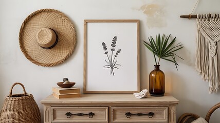 Boho Chic Home Decor with Lavender Botanical Print and Woven Accents