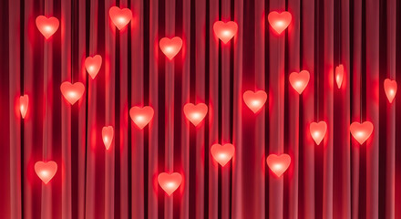 A romantic backdrop of red heart-shaped lights hanging from strings