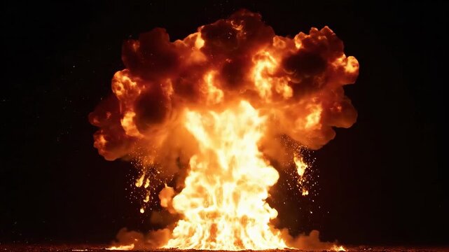 Massive Explosion Fireball and Smoke Billowing Upwards in Darkness.