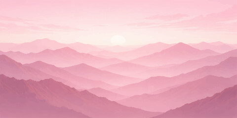 Misty pink clouds drift over a serene mountain landscape at dawn, revealing a sunlit horizon of snow-capped alps, forest valleys, and rolling hills under a soft sunrise sky © AbidurRahman