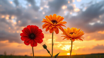 Close-up of meadow flowers at sunset. Floral landscape