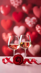 A romantic still life featuring wine glasses a single red rose and blurred heart shaped balloons in the background