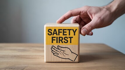 Bold "Safety First" warning on a wooden block held by a hand, emphasizing workplace and personal security