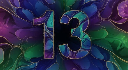 Abstract number thirteen with vibrant swirling colors and a dark textured background creating a mystical and artistic composition