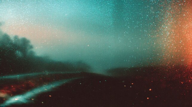 Moody film grain texture overlay, analog photography style with teal and orange light, misty landscape, dreamy atmosphere, soft focus, artistic effect, night scene