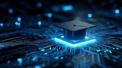 A graduation cap sits atop a glowing CPU, set against a backdrop of intricate blue circuit lines