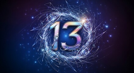 Vibrant and energetic number thirteen glowing with rainbow colors surrounded by a dynamic cosmic nebula and abstract light particles