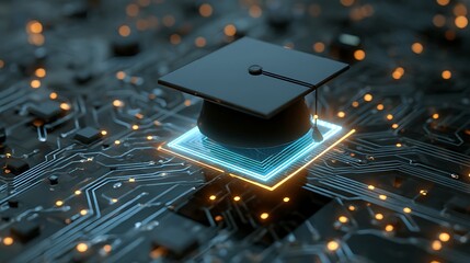 A graduation cap sits atop an illuminated microchip, symbolizing education in the digital age