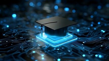 Black graduation cap atop a neon-lit circuit board, symbolizing tech and educational progress