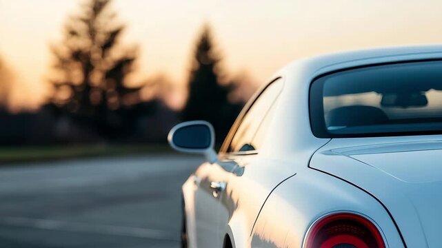 Elegant white luxury car parked with scenic sunset backdrop