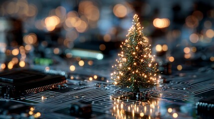 Miniature, decorated evergreen tree on a printed circuit board with glowing bokeh in background