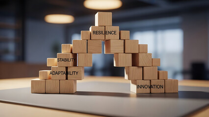 A stack of wooden blocks with words on them in an office setting