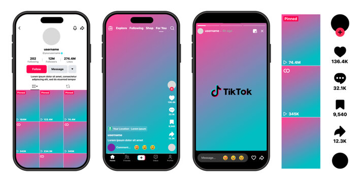 TikTok Mobile App UI Mockup Showing Profile Page Video Feed Pinned Posts Gradient Background Like Comment Share Icons Follower Counts and Vertical Social Media Interface
