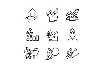 Nine black line icons depicting various business and personal growth concepts success motivation