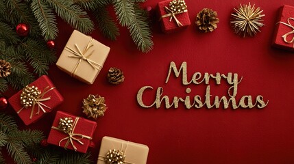 A festive Christmas background for holiday branding, featuring gifts and pine branches in red and gold.