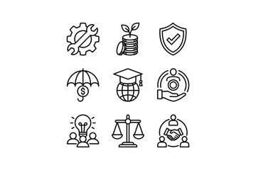 Nine icons representing business and finance concepts and services on white background symbols