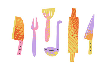 A set of kitchen utensils for cooking. Spoon, Fork, Kitchen Knife, Spatula, Ladle, Rolling Pin.