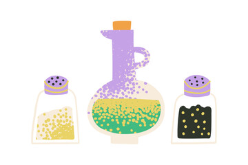 Oil and spices texture illustration. Glass bottles with olive, vegetable, sunflower oil sorts isolated clipart on white background. Salt and pepper shakers.
