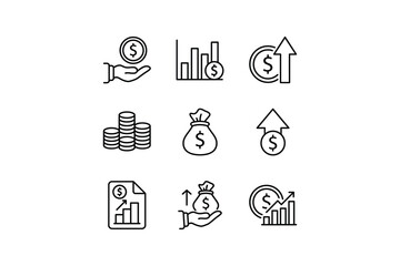 Nine black line icons depicting various financial and business growth concepts money finance