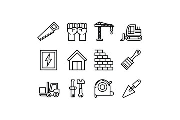 Construction and renovation icons including tools and machinery saw fist crane excavator electricity