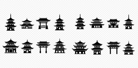 Collection of traditional Asian temple and pagoda silhouettes, representing ancient architecture and cultural landmarks.