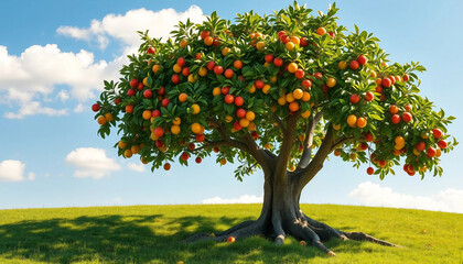 Orange tree. A big tree with huge oranges. One tree on a hill