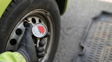 A person checks the tire pressure of a green car using a pressure gauge. The hand is gloved, and the gauge shows a red indicator. copy space