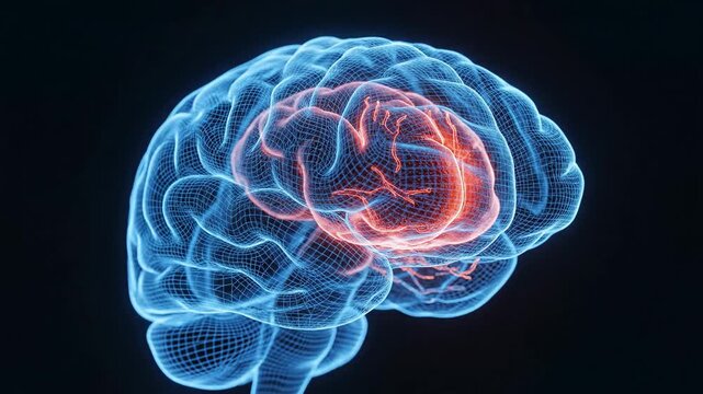 Abstract 3 d rendering of a human brain with highlighted sections