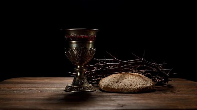 Cup of red wine with bread and crown of thorns on black background on wooden table. Christian,worship god and take communion. Chalice of wine, Jesus last supper and passion of Christ