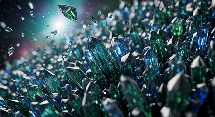 A cluster of sharp, teal crystal point forms a textured surface, illuminated from the background, symbolizing geology, growth, and the beauty of nature