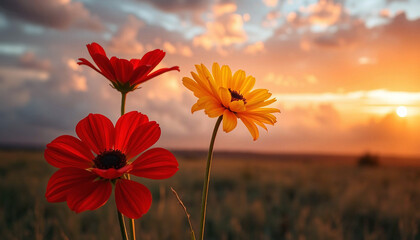 Floral landscape. Flowers at sunset