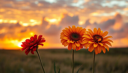 Three gerberas. Flowers at sunset close-up. Floral landscape