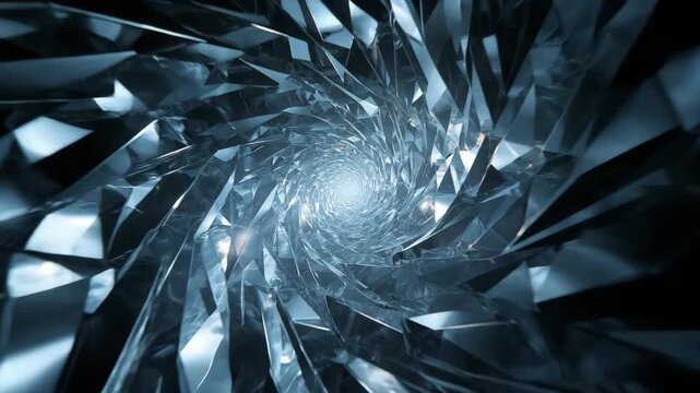 4K Abstract crystal tunnel vortex with reflective blue light and geometric shards video