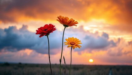 Meadow flowers at sunset close-up. Floral landscape