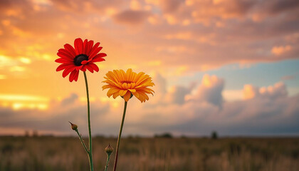 Wildflowers at sunset. Floral landscape
