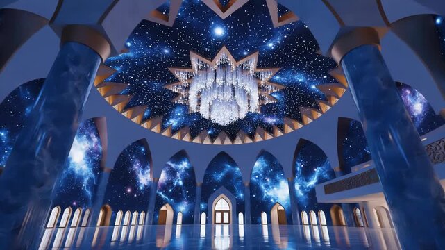Interior view of a vast hall featuring a domed ceiling illuminated with a starry night sky and a large chandelier. Walls display vibrant cosmic galaxy imagery.