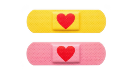 Colorful band-aids with hearts isolated on transparent background