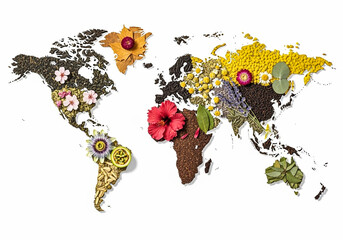 A world map made from different types of dried tea leaves, with a variety of types, colors, and textures, specific to each continent