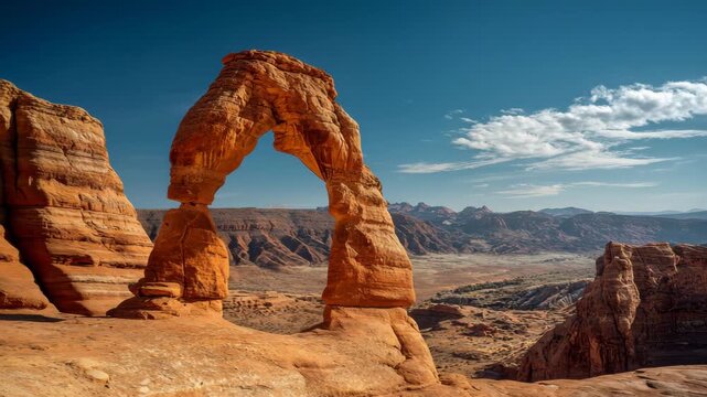 4K Delicate arch, iconic natural sandstone arch in arches national park, moab, utah, usa, with a vast desert landscape under a clear blue sky video