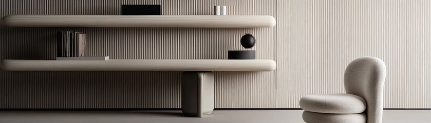 Minimalist shelving unit and chair in a modern interior.