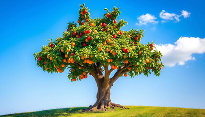 Large tree with huge oranges. Orange tree. Fantasy garden