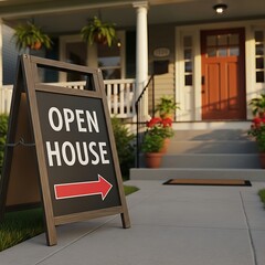Open house sign on sidewalk leading to front entrance of suburban family home