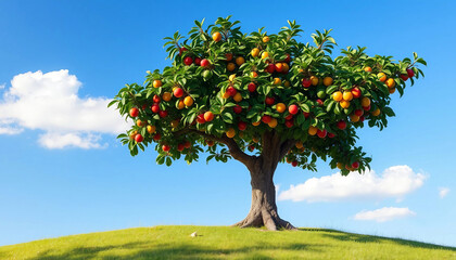 Orange tree. A large tree with huge oranges. One tree on a hill
