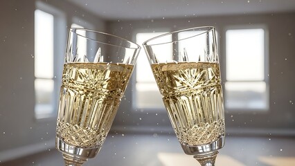 Two crystal champagne flutes toasting with bubbly drink indoors celebration